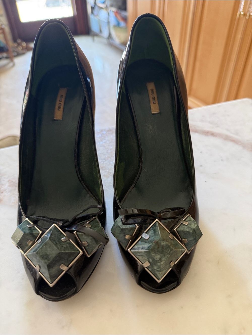 Miu Miu Black Patent Peep-Toe Heels with Green Stone Accents
